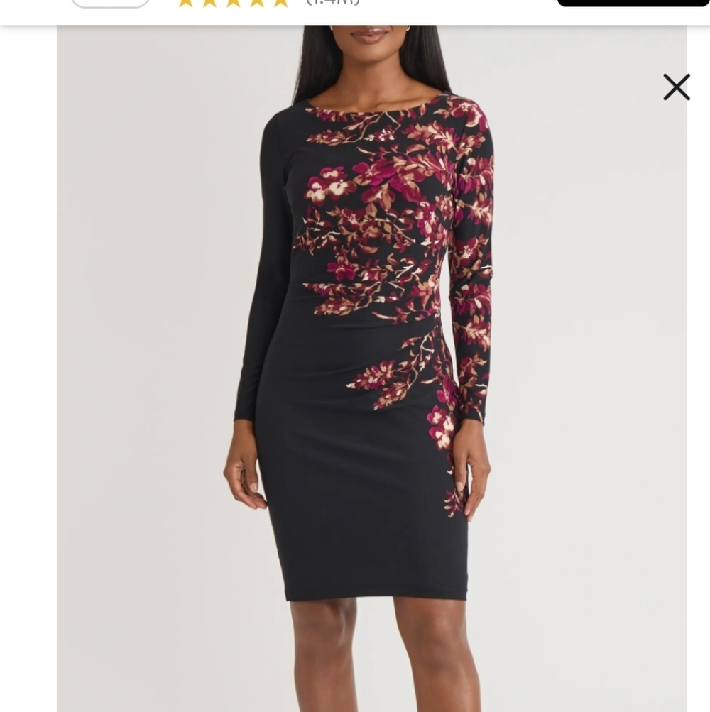 KASPER Floral Long Sleeve Side Ruched Jersey Dress New Size PXL